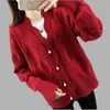 Solid 4 Colors Loose V-Neck Bead Cardigan Fashion Knitted Jacket Sweater Women Autumn and Winter Sweaters 11861 210417