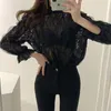 Frühlingsnetzspitze Bluse Frauen Korean Chic Puffarm sexy Mikro-durch