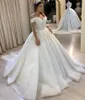 Off the Shoulder Lace Ball Gown Wedding Dresses with Beaded Appliques Court Train Lace-up Back Princess Plus Size Bridal Gowns