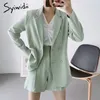 Syiwidii ​​2 stycken för kontor shorts och blazer set affärskvinnor sommar koreanska outfit kort uppsättning med jacka grön gul grå 210417