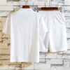 (Shirt + korte) aankomst zomer stijl mannen boutique katoen en linnen shirt hoge kwaliteit solide mannen casual korte maat M-5XL 210806
