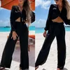 2021 Casual Loose Beach Costume Élégant Tie-Up Tops et Lady Pantalon Taille Haute Tenues Femmes Mode Solide Manches Longues Deux Pièces Ensemble Y0625