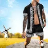 Geometriskt tryck kortärmad skjorta Lösa shorts Kostym Träningsoveraller För män Sommar Hawaii Outfits Set Tvådelad blusbyxa Set