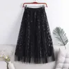 Surmiitro Летняя мода MIDI длинный тюль юбка женщин корейский стиль синий аппликация высокая талия средняя длина плиссированная юбка женщина 210712