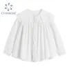 Oversized Cardigan White Women's Blouse Tops Vintage Peter Pan Collar Sweet Casual Long Sleeve Shirts Lace Spliced Blusas Tops 210417