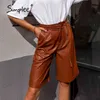 Imitation Leather woman Chic Chain belt Loose Wide Leg PU female Shorts Black Knee-Length Trouser 210414