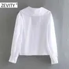 Zeveity женщины сладкий Питер Pan воротник кружева шить случайные поплина блузки рубашки женские слойки рукав белый Chemise Chic Tops LS7201 210603