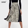 Women Stylish Snake Print Patchwork Pleated Long Skirt Elastic Waist Ladies Casual Mid Calf Skirts Faldas Mujer Moda 210430