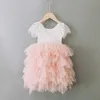 Filles d'été robe de dentelle moelleuse pour enfants à manches volantes enfant gâteau bébé 1-10Y anniversaire blush princess Prom 210529