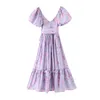 Ljus som Silk Lavendel Blommigryck Bollklänning Dress Puff Sleeve Retro Kvinnor Tie Bow Waist Lång Klänningar Fairy Vestidos 210429