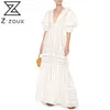 Женское платье Элегантное белое кружево es Глубокий V-образный вырез с пышными рукавами Vintage High Waisted Hollow Out Maxi es 210524