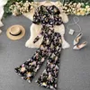 women Bohemian two piece sets summer sexy v neck short blouse pleated pants outfits ladies floral print chiffon suits 210525