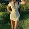 최신 턴 다운 칼라 여성 셔츠 드레스 클럽 파티 짧은 소매 버튼 미니 드레스 휴일 2021 여름 거리 패션 착용 051906