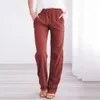 Casual Loose Pants Women Fashion Plus Size Linen Solid Mid Drawstring Elastic Waist Pockets Long Straight Wide Leg Pants X0629
