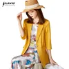 Blazer en satin d'acétate jaune femmes mode d'été demi-manche mince bureau formel dames manteau de travail d'affaires 210604