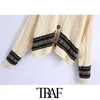 TRAF Women Fashion Oversized Jacquard Cable-knit Sweater Vintage V Neck Long Sleeve Female Pullovers Chic Tops 210415