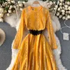 Neploe Heavy Work Lace Patchwork Hook Flower Dress Women High Waist Hip Sashes A Line Vestidos O Neck Long Sleeve Robe Solid 210423