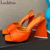 Сандалии Super High Caels Лето Сексуальные PEEP TOE SLINGBACKS Мода Феминина Оранжевый атласная женская обувь Женщина