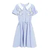 Mori Girl Summer Sukienka Kobiety Krótki Rękaw Kwiatowy Haft Elbise Blue Striped A-Line Bawełniane Suknie Casual Cute Vestidos 210520