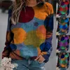 Kadınlar İlkbahar Sonbahar T-shirt Rahat Geometrik Daire Baskı Gevşek Tops Moda O Boyun Kazak Tees Boy Uzun Kollu 210522