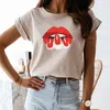 Women Casual Harajuku Fashion T-shirt Red Lips Print Loose O-neck Short Sleeve Elastic Stretched Summer Home Tee Shirt 210514