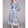 Women Blue Floral Print Bow Collar Zipper Long Sleeve Elegant Midi Dress D2543 210514