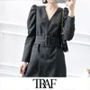 Women Vintage Stylish Office Lady Double Breasted With Belted Mini Dress Fashion V Neck Puff Sleeve Dresses Vestidos Mujer 210507