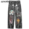 Lenstid Calça de quadril Calças de Streetwear Homens Soltos Denim Graffiti Impressão Preto Vintage Jeans Harajuku Corredores de Algodão Calças 210723