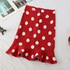 Rokken lente herfst vintage polka dot rok vrouwen ruche wrap mode dames medium lang gebreide zwart