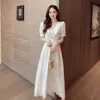 Fashion Runway Summer Dress Women Short Sleeve Elegant Ruffle Hollow Lace Embroidery Mid-Length White 210520