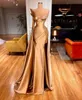 2021 Gold Satin Evening Dresses for Women Beaded High Split sjöjungfru Prom Party Downs Long Wrap Formal Robe de Soiree310V
