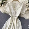 Women Fashion Summer A-line Dress Embroidery Lace V-neck Short Sleeve Slim Sweet White Vestidos S442 210527