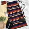 Корейский стиль дамы Rainbow Striped вязаные юбки мода девушки тонкий эластичный Waust Hip Mid-Calf осень зима 210601