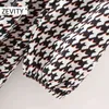 Jesień Kobiety Vintage Houndstooth Plaid Drukuj Koszula Sukienka Damska Chic Łuk Odzież Długie Rękaw Biznes Vestido DS4547 210420