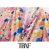 ONKOGENE Frauen Mode Mit Juwel Knöpfen Floral Print Blusen Vintage V-ausschnitt Drei Viertel Hülse Weibliche Shirts Chic Tops 210415