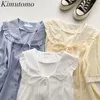 Kimutomo solid tröja tjej sommar koreanska båge spets upp peter pan krage kortärmad singel breasted blouse mode 210521