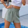 Causal high waist button woman Summer green elastic ladies Elegant holiday beach shorts fashion 210414