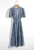 Summer French V neck Blue white Leopard Dot Print Wrap Dress Holiday Woman Lace up Short Sleeve One-piece Midi Tea Dresses 210429