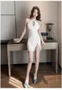 Tempérament de la mode des femmes de boîte de nuit coupe-bas robe sexy de la hanche-poitrine moulante Office Lady solide genou longueur polyester 210416