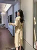 Bayanlar Lace Up Uzun Elbise Sonbahar Tek Göğüslü Kadın Ofis Vestidos Kollu Katı Renk ES 210514