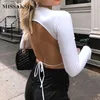 Missakso Sexy Backless Crop Top Lace Up Streetwear Langarm Mode Stehen Hals Schwarz Weiß Herbst Frauen Hemd 210625