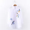 Women Embroidery Long Sleeve White Shirt Button Up Turn Down Collar Cute Cartoon Blouse Long Tops Feminina Blusas T9D62 210721