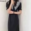 Korean Summer Women Black Dress Vintage Short Sleeve Slim Mesh Turn Down Collar Office Ladies Dresses Elegant Vestidos 210519