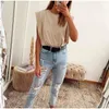 Kobiety Tshirt Bawełna Ramię Wyściełane Koszulki Koszulki O-Neck Bez Rękawów Solid Loose Lato Casual Moda Damska Top Tees 210518