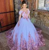 2021 Arabski Vintage Suknie Ślubne Suknie Ślubne Luksusowe Koronkowe Aplikacje Off Shoulber Keyhole Pink 3D Kwiatowe Kwiaty Plus Size Suknie Ślubne Quinceanera Dress Custom