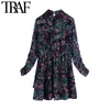 Traf Women Fashion Floral Print Ruffled Mini Dress Vintage High Collar Elastic midja med foder kvinnliga klänningar Mujer 210415