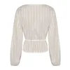 FORIDOL Deep V шеи Sash Pelpum с длинным рукавом блуза рубашка женщин осень зима прозрачная белая блузка топы короткие полосы винтажные вершины 210415