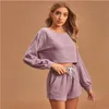 Women's Shorts Autumn Solid Color 2 Piece Sets Womens Outfits Summer Clothes Crop Top Long Sleeve Drawstring Casual Short Tracksuit Women