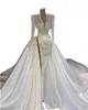 2022 Sexy Luxury Long Sleeves Mermaid Wedding Dresses Deep V Neck Illusion Pearls Crystal High Side Split Arabic Satin Bridal Gowns Robe de mariée Plus Size