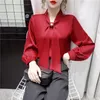 Coréen soie femmes Blouses Satin à manches longues chemise femme nœud papillon hauts grande taille perles chemises XXL 210427